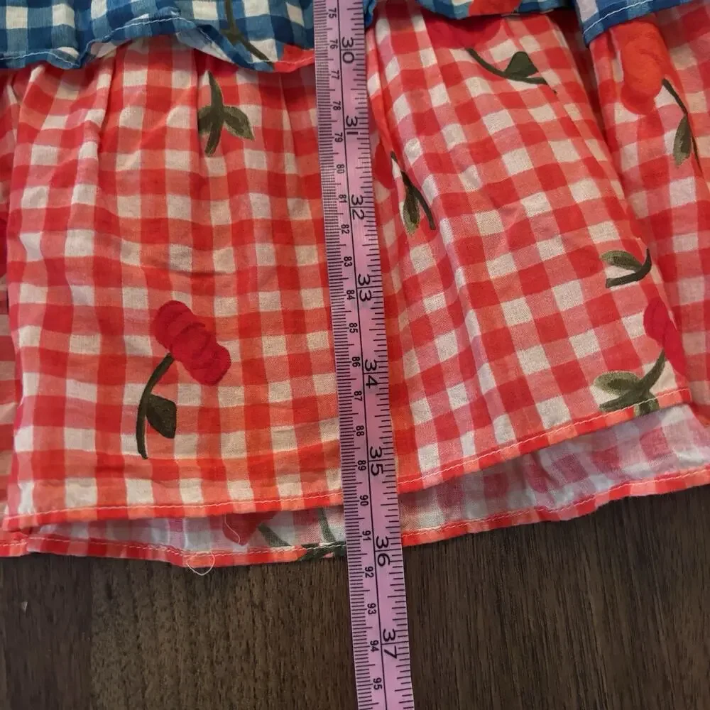 Farm Rio for Anthropologie Cherry Gingham Ruffle Mini Dress Medium Picnic Style